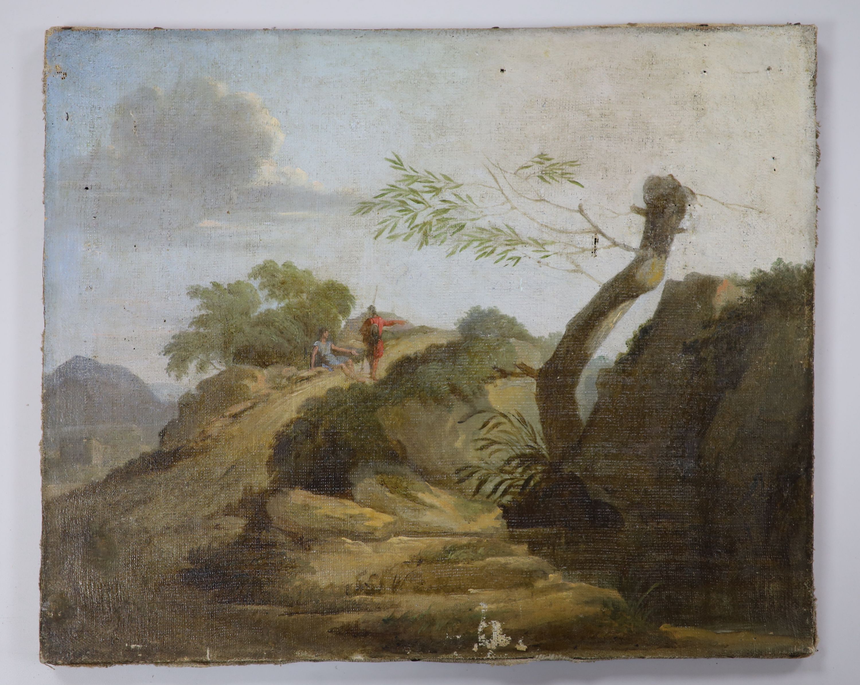 Late 18th century Italian School. Figures on a Mountain Pass. Oil on canvas, unframed 14.5